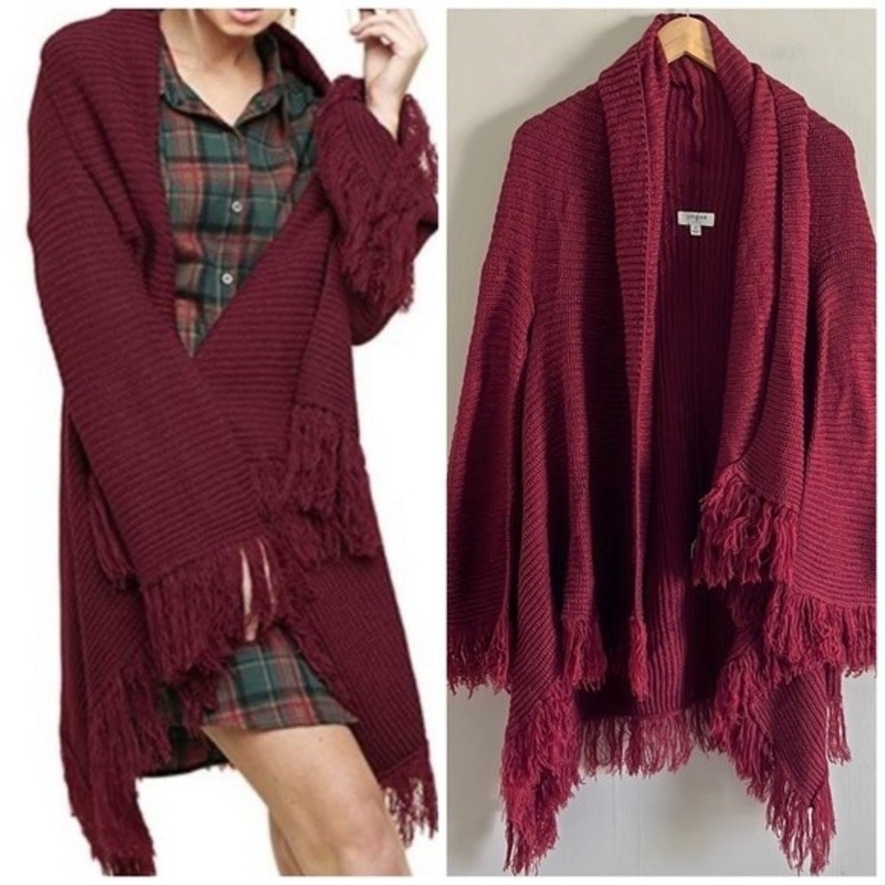 ☀️UMGEE burgundy oversized fringe bell sleeve open front cardigan Sz M